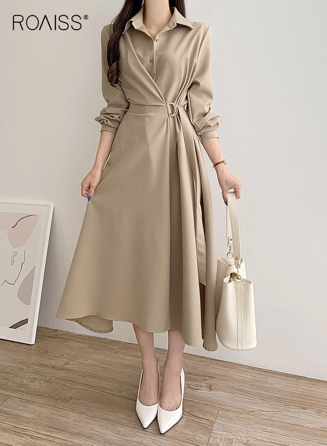 رويس فستان ميدي ملفوف بخصر عالٍ للنساء، فستان أنيق بأكمام طويلة وياقة قميص مع حزام، فستان معطف بسيط بتصميم A-Line يبرز جمال القوام مع تصميم يحدد الخصر، زي أنيق مناسب للخريف للعمل والمواعيد الرسمية، لون بيج سادة - Image 2